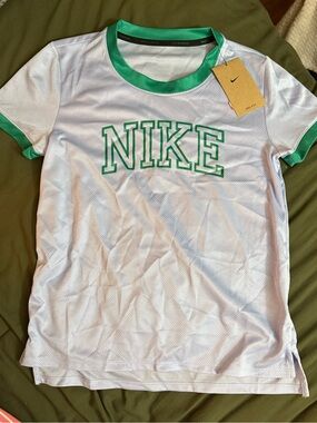 Nike White Short Sleeve Tee with Green Trim and NIKE Chest Logo
